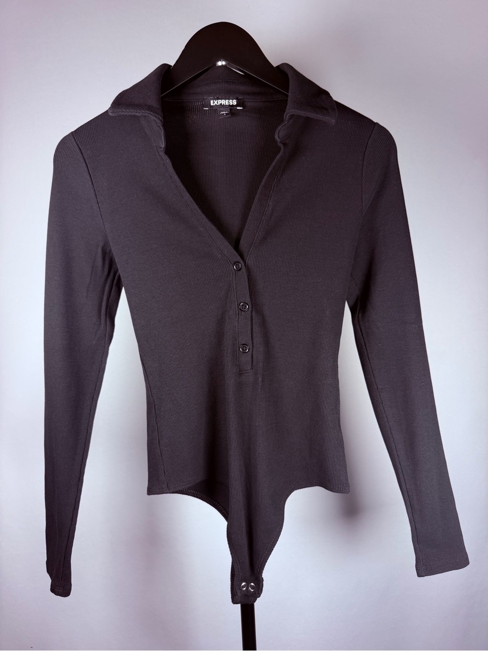 Express Black Ribbed Long-Sleeve Collared Bodysuit